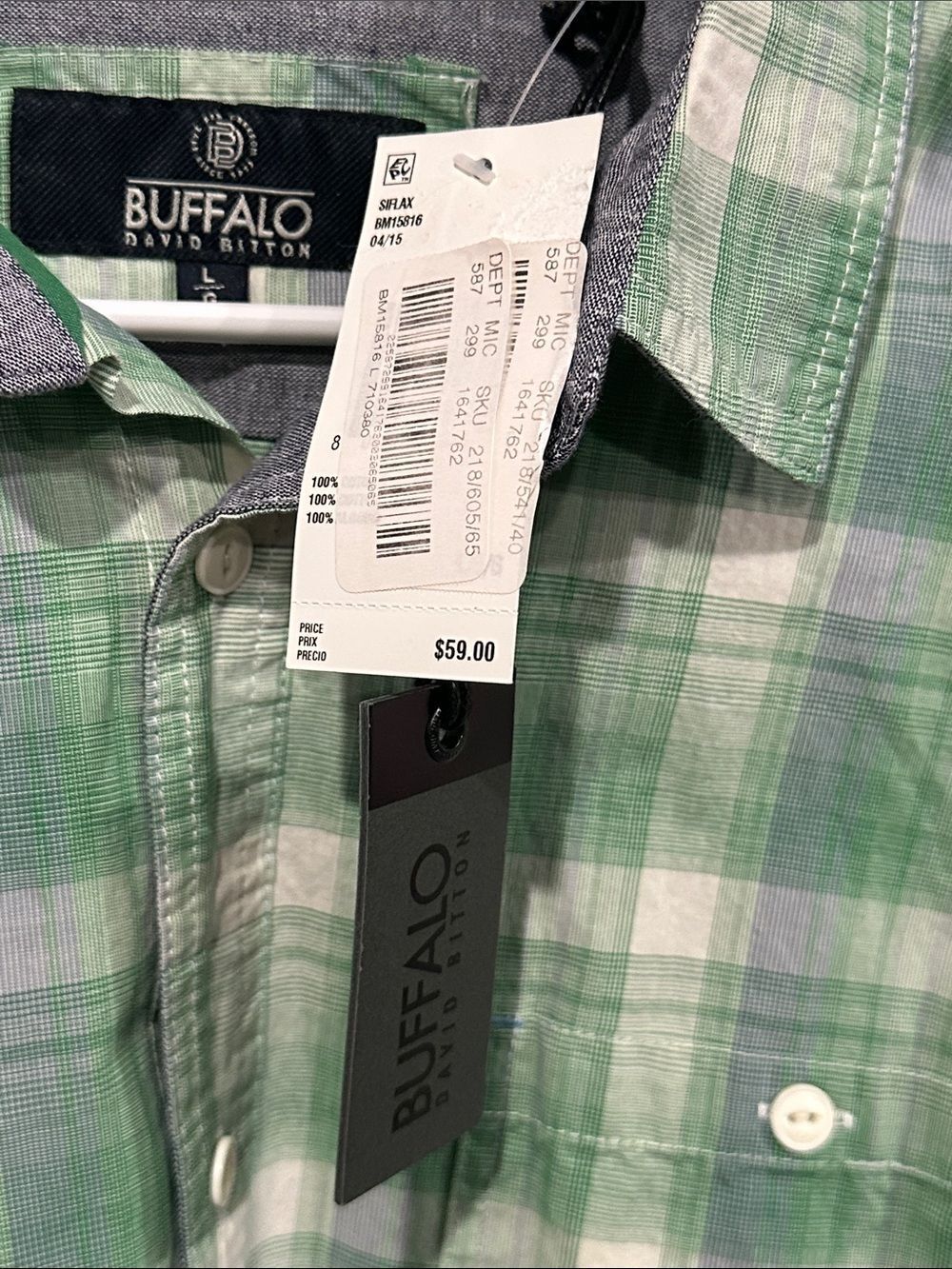 NWT! Buffalo David Bitton Green and White Plaid Short-Sleeve Button-Down Shirt - Picture 3 of 4